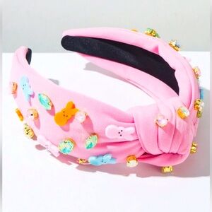 Pink Fabric Knotted Wide-Brim Easter Rhinestone peep bunny style headband NIB